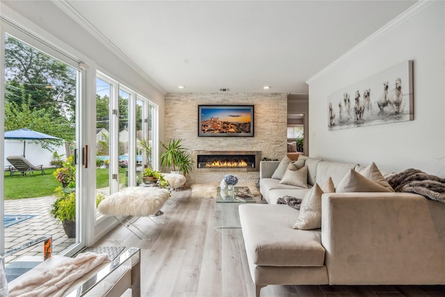 55 Duckpond Dr N, Wantagh, NY 11793 - living area with ornamental molding, a fireplace, recessed lighting, and wood finished floors