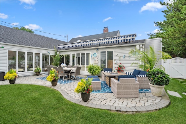 55 Duckpond Dr N, Wantagh, NY 11793 - back of house featuring an outdoor living space, a patio area, a gate, a yard, and roof with shingles
