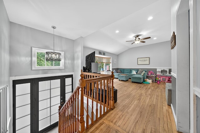 411 Fair Oaks Rd, Middletown, NY 10940 - entryway featuring light wood-style floors, vaulted ceiling, a chandelier, ceiling fan, and recessed lighting