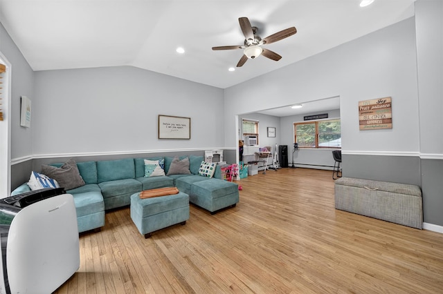 411 Fair Oaks Rd, Middletown, NY 10940 - living area with light wood-type flooring, vaulted ceiling, a ceiling fan, recessed lighting, and cooling unit