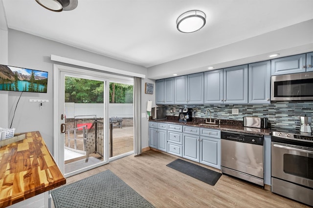411 Fair Oaks Rd, Middletown, NY 10940 - kitchen with appliances with stainless steel finishes, light wood-style flooring, backsplash, and gray cabinets