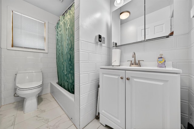 411 Fair Oaks Rd, Middletown, NY 10940 - bathroom with vanity, shower / bath combo, marble look tiles, and tile walls