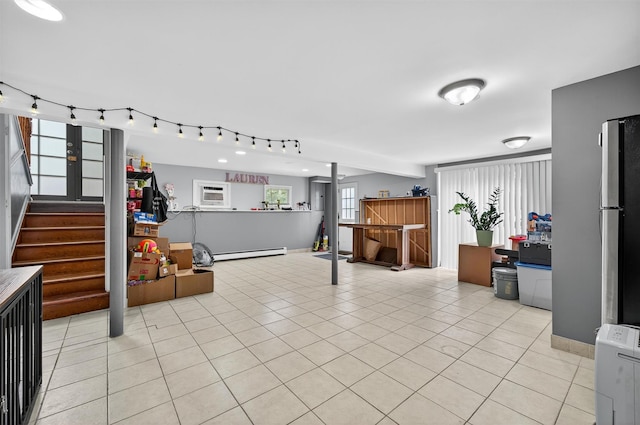 411 Fair Oaks Rd, Middletown, NY 10940 - living room with baseboard heating, stairway, and light tile patterned floors