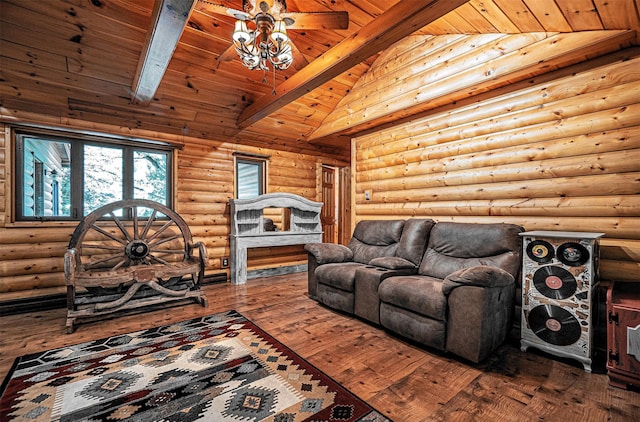 444 Buttermilk Falls Rd, Warwick, NY 10990 - living room featuring hardwood / wood-style floors, wooden ceiling, rustic walls, and a ceiling fan