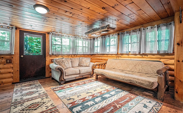 444 Buttermilk Falls Rd, Warwick, NY 10990 - living area featuring rustic walls, plenty of natural light, wooden ceiling, and wood-type flooring