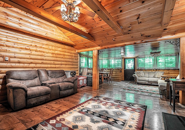 444 Buttermilk Falls Rd, Warwick, NY 10990 - living room with rustic walls, wooden ceiling, and wood-type flooring