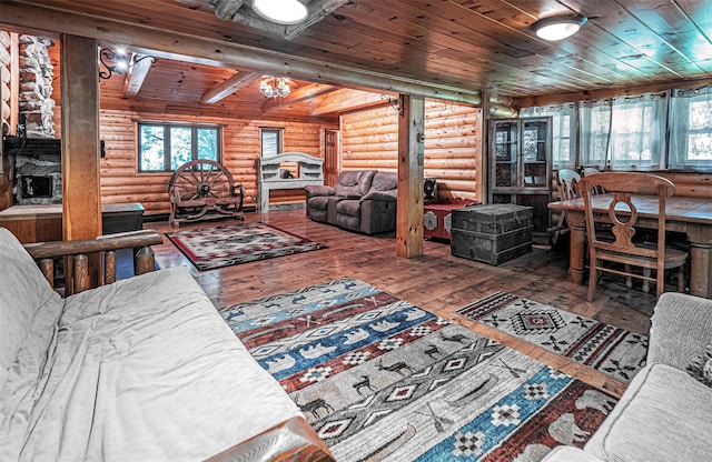 444 Buttermilk Falls Rd, Warwick, NY 10990 - living area featuring log walls, wooden ceiling, hardwood / wood-style floors, and a chandelier