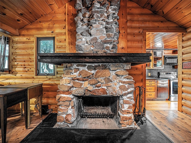 444 Buttermilk Falls Rd, Warwick, NY 10990 - detailed view of stainless steel electric range, a stone fireplace, wood ceiling, wood finished floors, and rustic walls