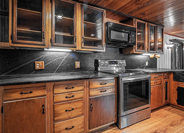 444 Buttermilk Falls Rd, Warwick, NY 10990 - kitchen with stainless steel range with electric stovetop, black microwave, wooden ceiling, light wood-type flooring, and tasteful backsplash