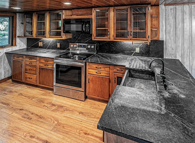 444 Buttermilk Falls Rd, Warwick, NY 10990 - kitchen with black microwave, stainless steel electric range, light wood finished floors, tasteful backsplash, and wood ceiling
