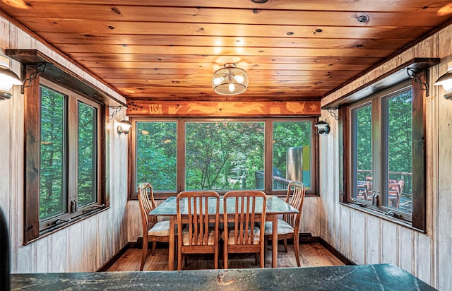 444 Buttermilk Falls Rd, Warwick, NY 10990 - dining area featuring hardwood / wood-style floors, wood walls, and wood ceiling
