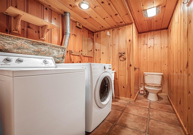 444 Buttermilk Falls Rd, Warwick, NY 10990 - laundry area featuring washer and clothes dryer, wood walls, wood ceiling, and tile patterned flooring