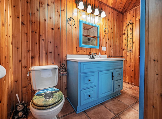 444 Buttermilk Falls Rd, Warwick, NY 10990 - bathroom featuring vanity, wood walls, wooden ceiling, and tile patterned flooring