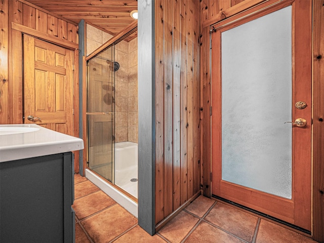 444 Buttermilk Falls Rd, Warwick, NY 10990 - full bathroom featuring a shower stall, wooden walls, tile patterned flooring, vanity, and wooden ceiling