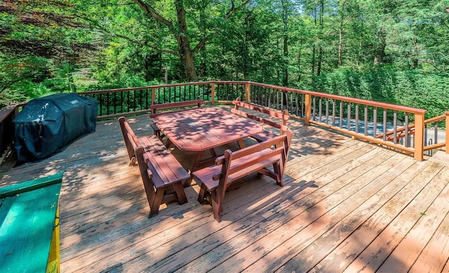 444 Buttermilk Falls Rd, Warwick, NY 10990 - wooden deck with a forest view, a grill, and outdoor dining space