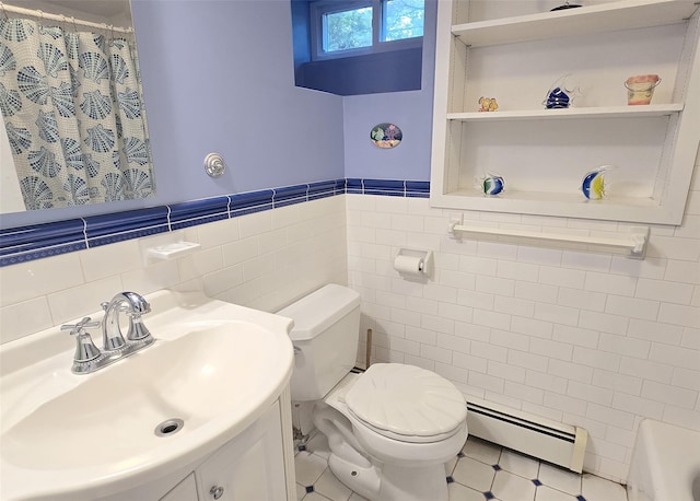 103 Arlington Rd, Lake Ronkonkoma, NY 11779 - bathroom with a baseboard heating unit, tile walls, vanity, a wainscoted wall, and a shower with curtain