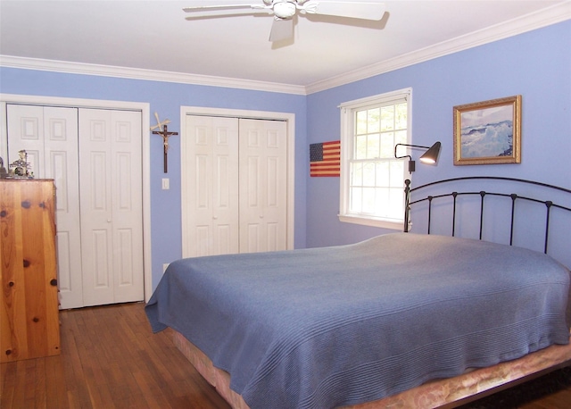 103 Arlington Rd, Lake Ronkonkoma, NY 11779 - bedroom featuring multiple closets, wood finished floors, ornamental molding, and a ceiling fan