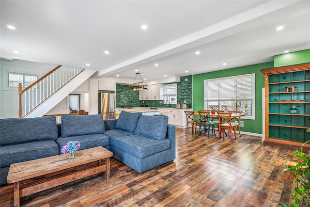 1644 Kenneth Ave, Baldwin, NY 11510 - living room featuring dark wood-style flooring, recessed lighting, beamed ceiling, and stairway