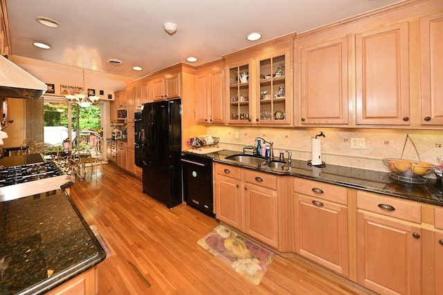 17 E Stemmer Ln, Suffern, NY 10901 - kitchen with black appliances, light wood finished floors, tasteful backsplash, glass insert cabinets, and recessed lighting