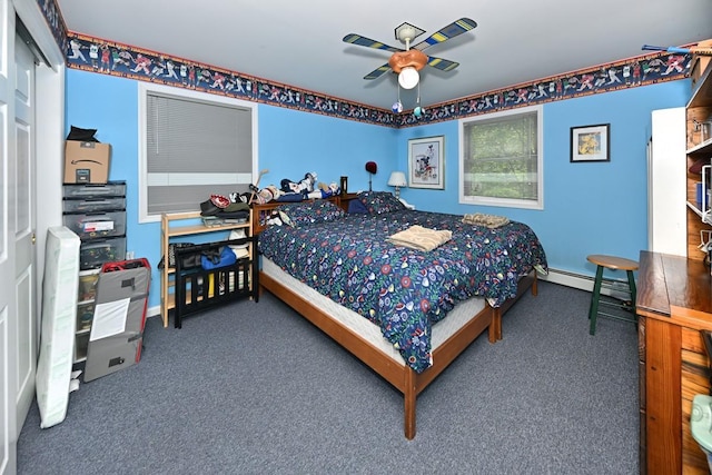 17 E Stemmer Ln, Suffern, NY 10901 - bedroom featuring a baseboard radiator, carpet floors, and a ceiling fan
