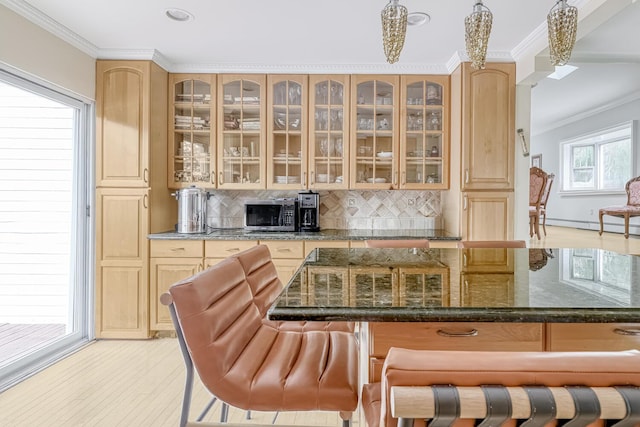28 Lime Kiln Rd, Suffern, NY 10901 - kitchen with crown molding, glass insert cabinets, decorative backsplash, a kitchen bar, and light brown cabinetry