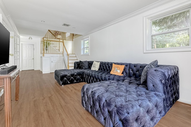 28 Lime Kiln Rd, Suffern, NY 10901 - living room featuring wood finished floors, stairway, and ornamental molding