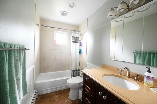 184 Sumpwams Ave, Babylon, NY 11702 - bathroom featuring vanity, shower / tub combo with curtain, stone finish flooring, and baseboard heating