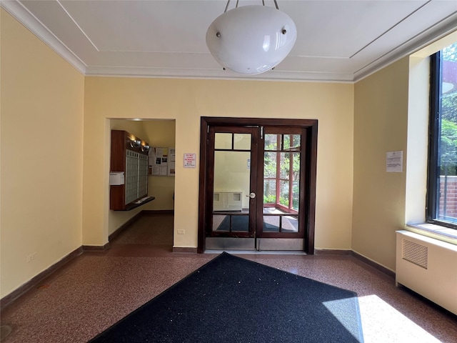 150-15 72nd Rd Unit 1A, Kew Garden Hills, NY 11367 - doorway to outside featuring radiator, crown molding, french doors, and speckle patterned floor