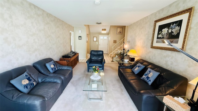 64 Meadowfarm Rd, Manhasset Hills, NY 11040 - living area featuring stairs, wallpapered walls, and carpet