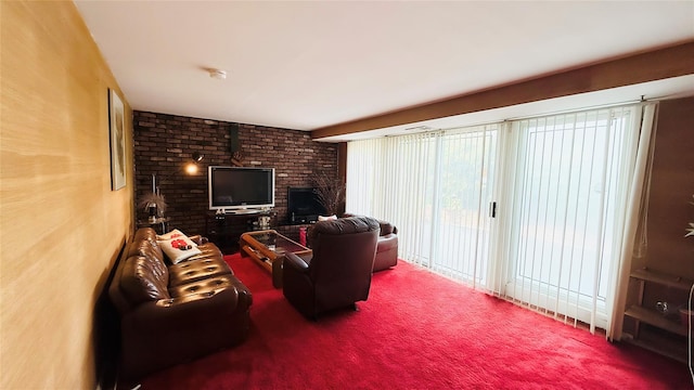 64 Meadowfarm Rd, Manhasset Hills, NY 11040 - carpeted living room featuring brick wall