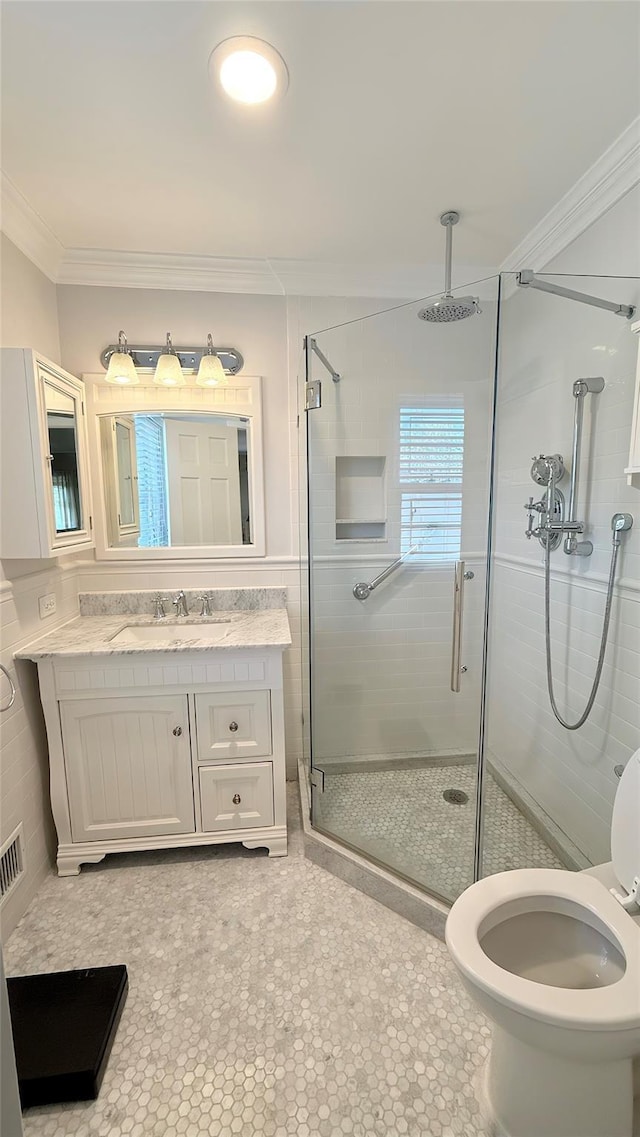 64 Meadowfarm Rd, Manhasset Hills, NY 11040 - bathroom featuring ornamental molding, a stall shower, and vanity