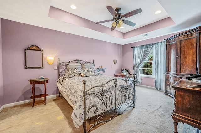52 Mantack Path, Kings Park, NY 11754 - bedroom featuring a raised ceiling, light colored carpet, recessed lighting, and ceiling fan