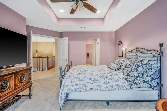52 Mantack Path, Kings Park, NY 11754 - bedroom featuring carpet, a raised ceiling, ensuite bathroom, and a ceiling fan