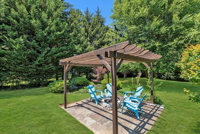 9 Bittersweet Ln, Glen Cove, NY 11542 - view of grassy yard with a pergola, a patio area, and an outdoor fire pit