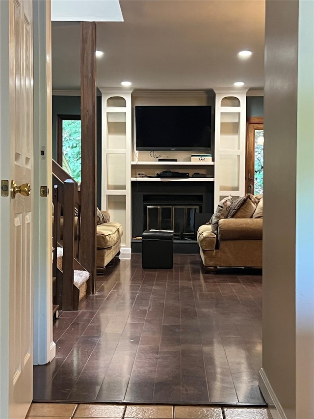 13 Butternut Ct, Highland Mills, NY 10930 - living room with built in shelves, recessed lighting, and ornamental molding