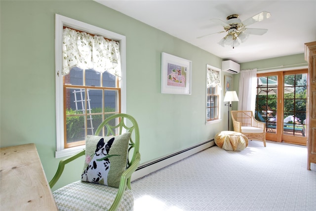 71 Hillcrest Ave, Manhasset, NY 11030 - sitting room with baseboard heating, carpet flooring, a wall unit AC, and ceiling fan