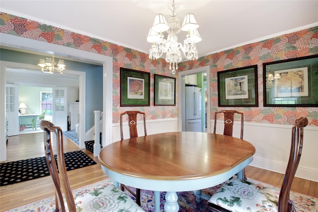 71 Hillcrest Ave, Manhasset, NY 11030 - dining area featuring a chandelier, wallpapered walls, a wainscoted wall, and wood finished floors