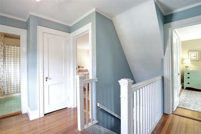 71 Hillcrest Ave, Manhasset, NY 11030 - corridor with an upstairs landing, wood finished floors, and ornamental molding