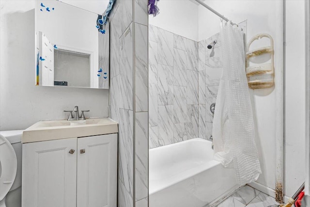 1047 Trinity Ave, Bronx, NY 10456 - bathroom with shower / tub combo with curtain, marble look tile flooring, and vanity