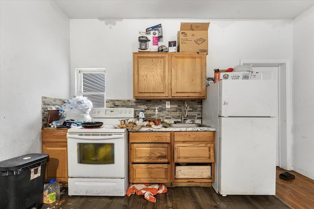 1047 Trinity Ave, Bronx, NY 10456 - kitchen featuring white appliances, decorative backsplash, dark wood-style floors, and light countertops