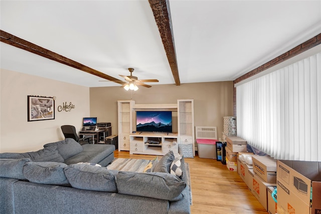 1455 Kennellworth Pl, Bronx, NY 10465 - living area featuring ceiling fan, beamed ceiling, light wood finished floors, and a wall unit AC
