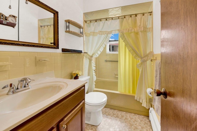 1455 Kennellworth Pl, Bronx, NY 10465 - full bath featuring a baseboard radiator, vanity, shower / bath combination with curtain, tile walls, and wainscoting