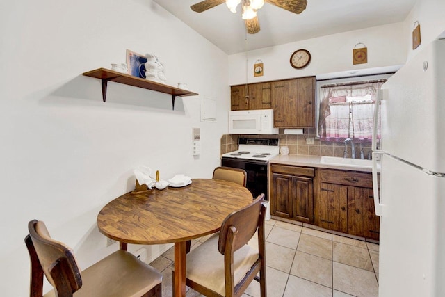 1455 Kennellworth Pl, Bronx, NY 10465 - kitchen featuring white appliances, backsplash, a ceiling fan, light countertops, and light tile patterned floors
