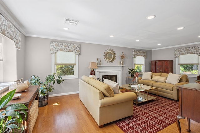 15 Shadetree Ln, Stony Brook, NY 11790 - living area with healthy amount of natural light, light wood-style flooring, recessed lighting, a fireplace, and ornamental molding
