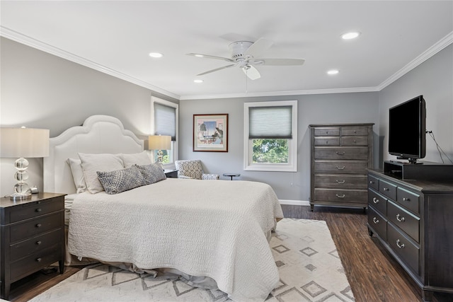 15 Shadetree Ln, Stony Brook, NY 11790 - bedroom featuring dark wood-style floors, crown molding, recessed lighting, and a ceiling fan