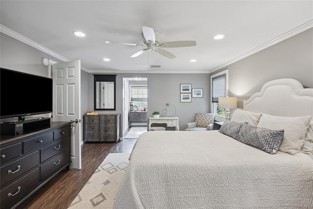 15 Shadetree Ln, Stony Brook, NY 11790 - bedroom featuring recessed lighting, dark wood finished floors, crown molding, and ceiling fan