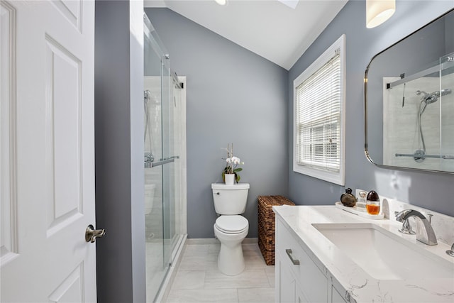 15 Shadetree Ln, Stony Brook, NY 11790 - bathroom featuring vanity, a stall shower, and vaulted ceiling