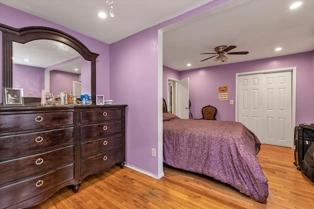 596 Lincoln Ave, West Hempstead, NY 11552 - bedroom with light wood-type flooring, a closet, recessed lighting, and a ceiling fan