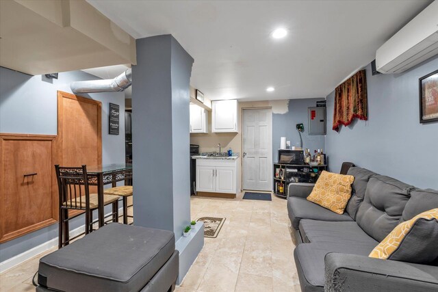 596 Lincoln Ave, West Hempstead, NY 11552 - living area with a wall unit AC, electric panel, and recessed lighting