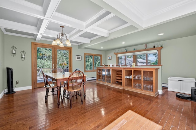 53 Mountain View Dr, Holmes, NY 12531 - dining room featuring a chandelier, plenty of natural light, hardwood / wood-style flooring, beamed ceiling, and recessed lighting